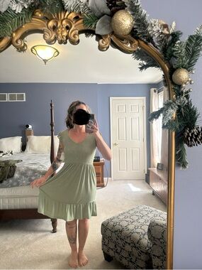 NWT Lucky Brand Smocked V-Neck Sage Green Midi Dress